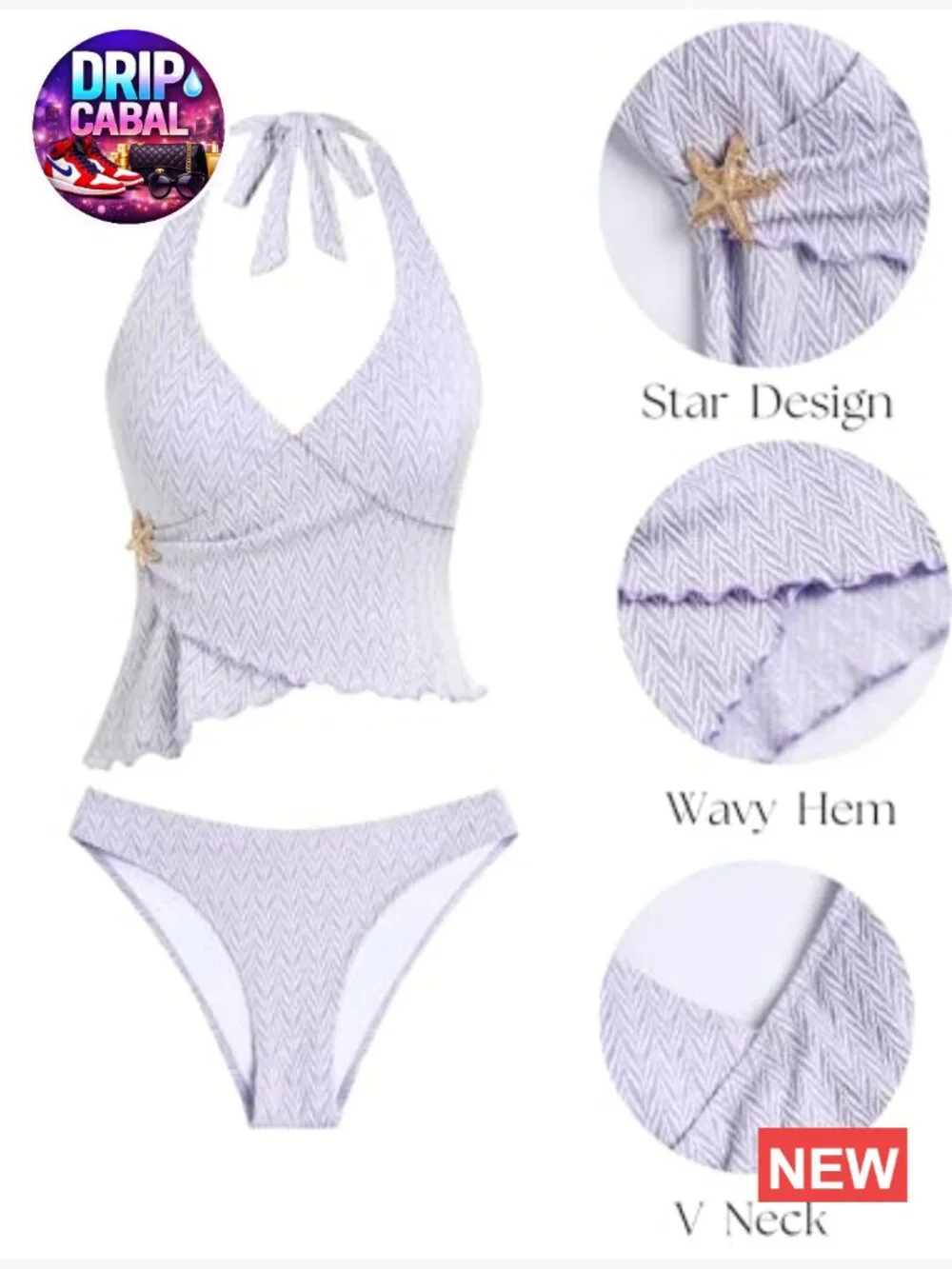 Halter Tankini 2 Piece Swimwear Star Decoration Cross Wavy Edge
